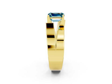 Yellow gold Modern Tension Set Emerald Cut Blue Topaz Solitaire Wide Band Ring_2