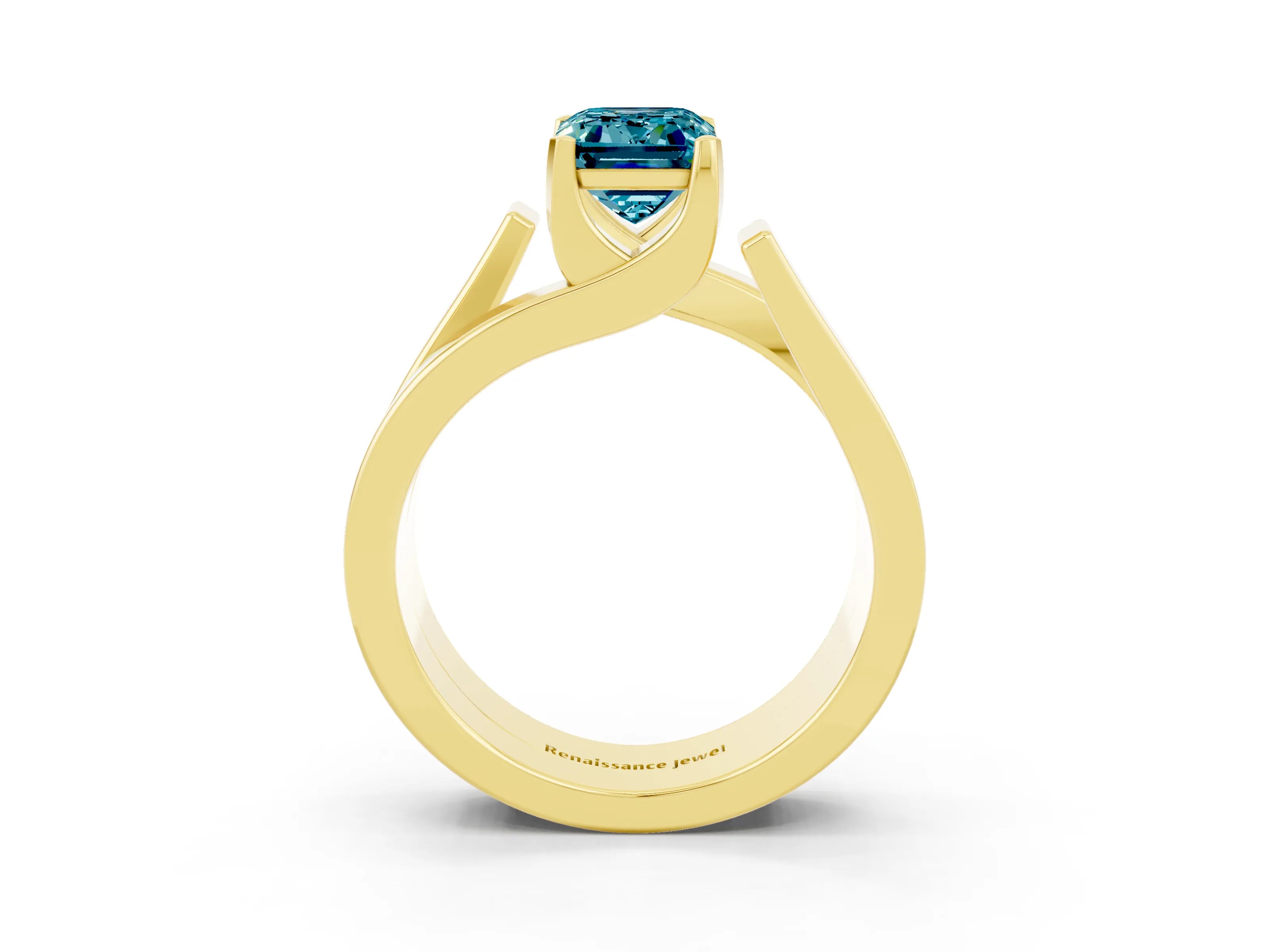 Yellow gold Modern Tension Set Emerald Cut Blue Topaz Solitaire Wide Band Ring_3