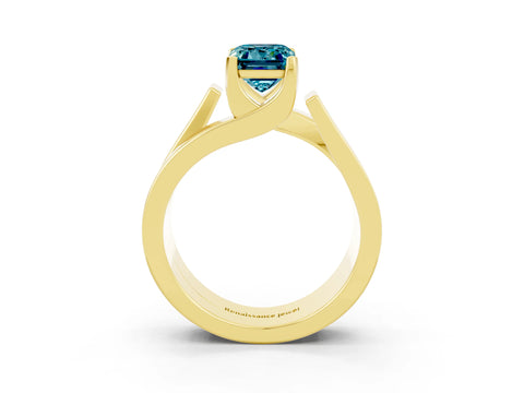 Yellow gold Modern Tension Set Emerald Cut Blue Topaz Solitaire Wide Band Ring_3
