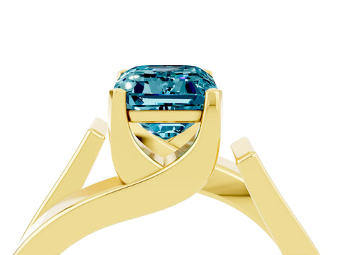 Yellow gold Modern Tension Set Emerald Cut Blue Topaz Solitaire Wide Band Ring_4