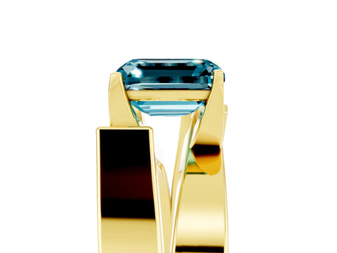 Yellow gold Modern Tension Set Emerald Cut Blue Topaz Solitaire Wide Band Ring_5