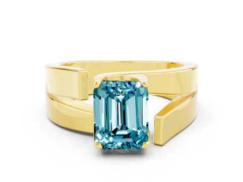 Yellow gold Modern Tension Set Emerald Cut Blue Topaz Solitaire Wide Band Ring