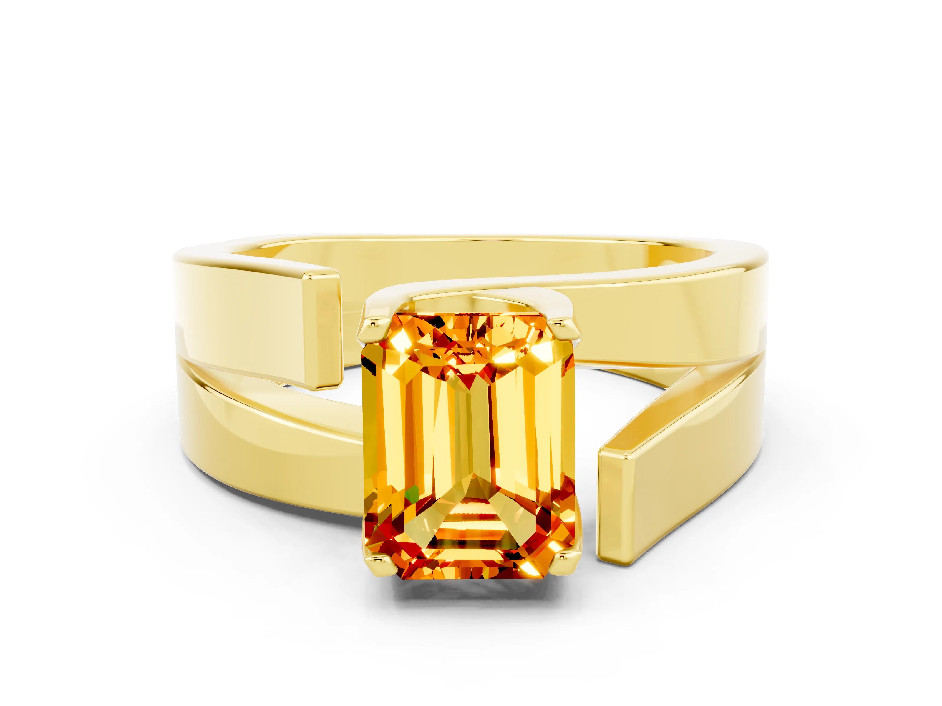 Yellow gold Modern Tension Set Emerald Cut Citrine Solitaire Wide Band Ring