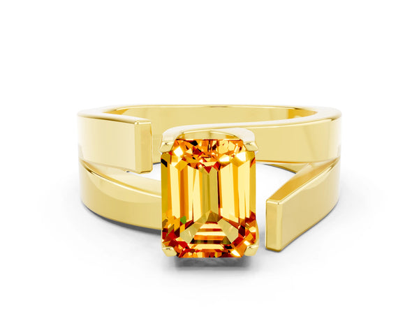 Yellow gold Modern Tension Set Emerald Cut Citrine Solitaire Wide Band Ring