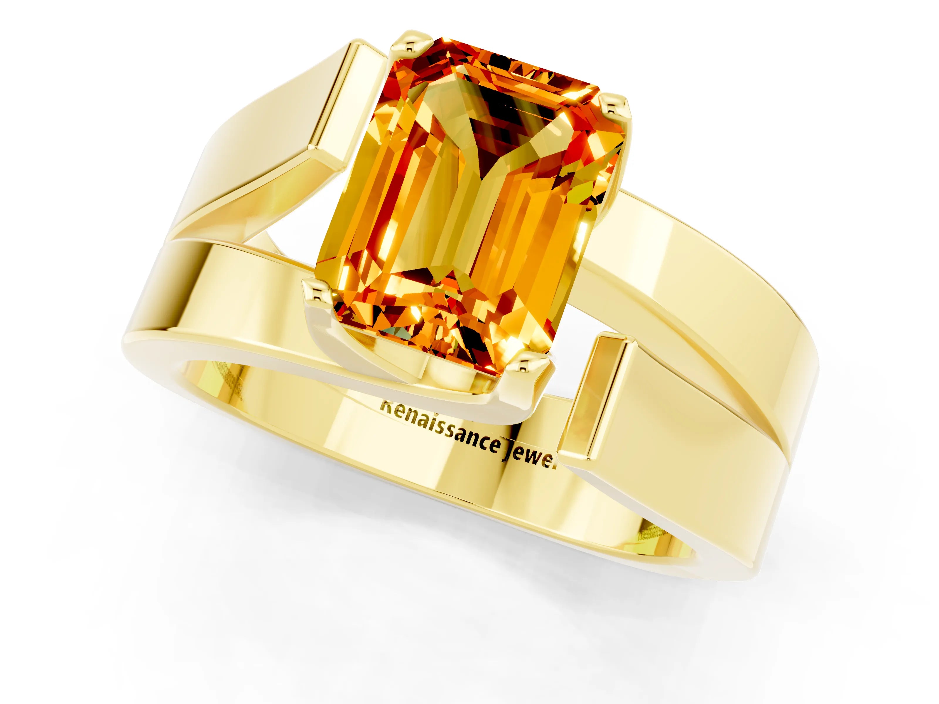 Yellow gold Modern Tension Set Emerald Cut Citrine Solitaire Wide Band Ring_1