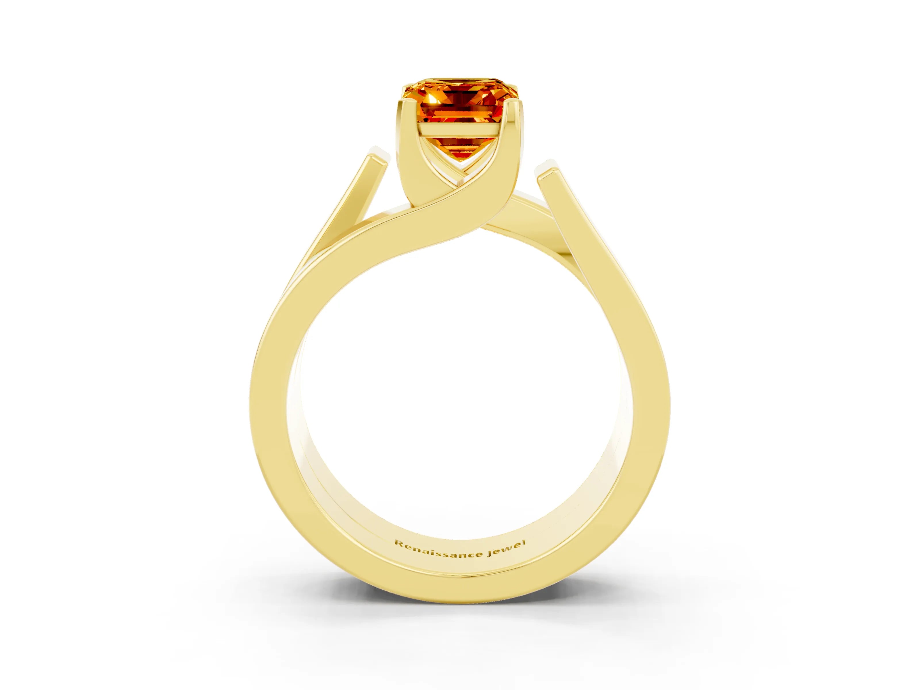 Yellow gold Modern Tension Set Emerald Cut Citrine Solitaire Wide Band Ring_3
