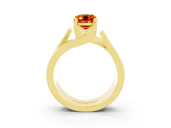 Yellow gold Modern Tension Set Emerald Cut Citrine Solitaire Wide Band Ring