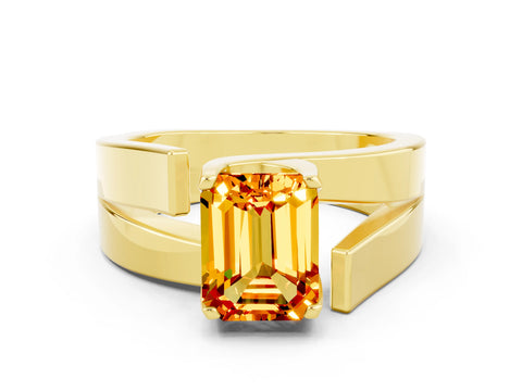 Yellow gold Modern Tension Set Emerald Cut Citrine Solitaire Wide Band Ring