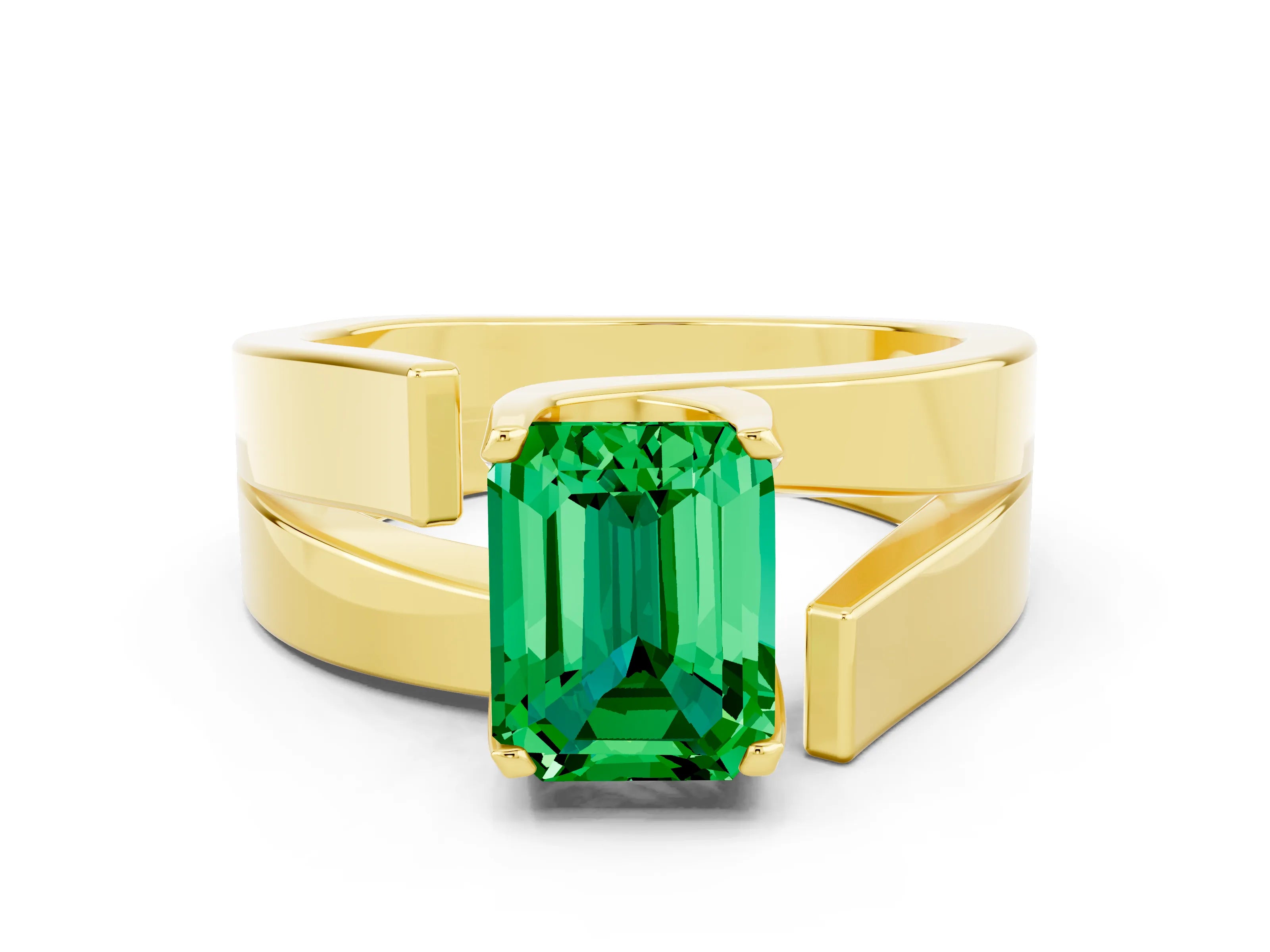Yellow gold Modern Tension Set Emerald Cut Emerald Solitaire Wide Band Ring