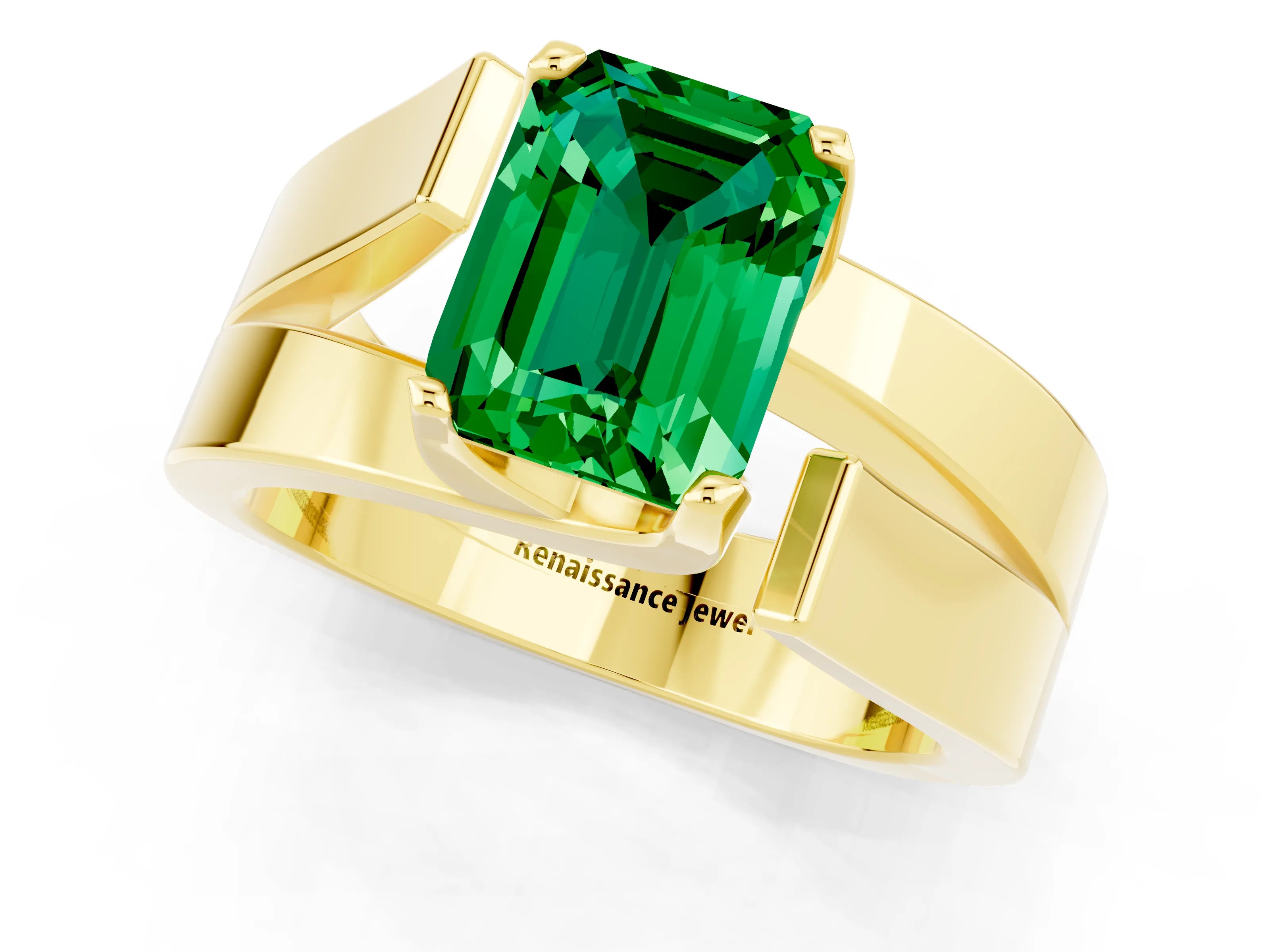 Yellow gold Modern Tension Set Emerald Cut Emerald Solitaire Wide Band Ring_1
