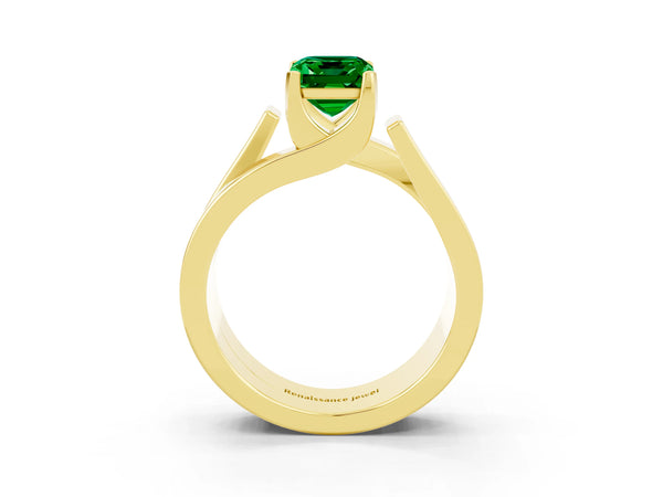 Yellow gold Modern Tension Set Emerald Cut Emerald Solitaire Wide Band Ring