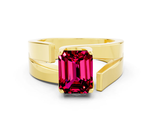 Yellow gold Modern Tension Set Emerald Cut Garnet Solitaire Wide Band Ring