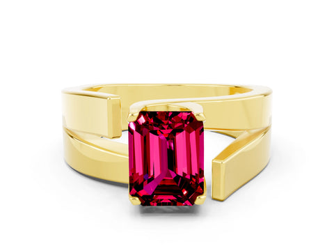 Yellow gold Modern Tension Set Emerald Cut Garnet Solitaire Wide Band Ring_20