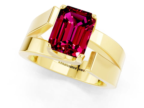 Yellow gold Modern Tension Set Emerald Cut Garnet Solitaire Wide Band Ring_21