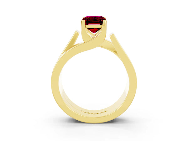 Yellow gold Modern Tension Set Emerald Cut Garnet Solitaire Wide Band Ring