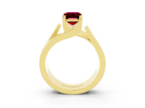 Yellow gold Modern Tension Set Emerald Cut Garnet Solitaire Wide Band Ring_23