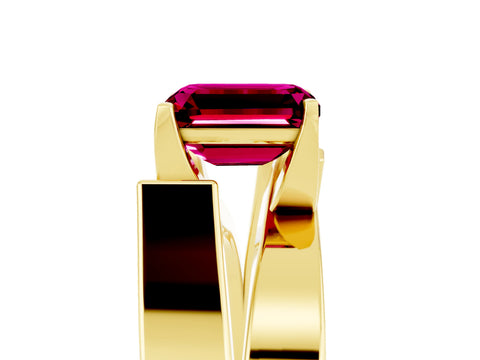 Yellow gold Modern Tension Set Emerald Cut Garnet Solitaire Wide Band Ring_25