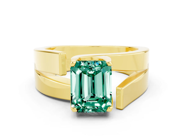 Yellow gold Modern Tension Set Emerald Cut Green Sapphire Solitaire Wide Band Ring