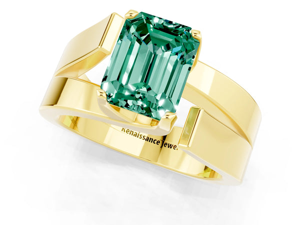 Yellow gold Modern Tension Set Emerald Cut Green Sapphire Solitaire Wide Band Ring