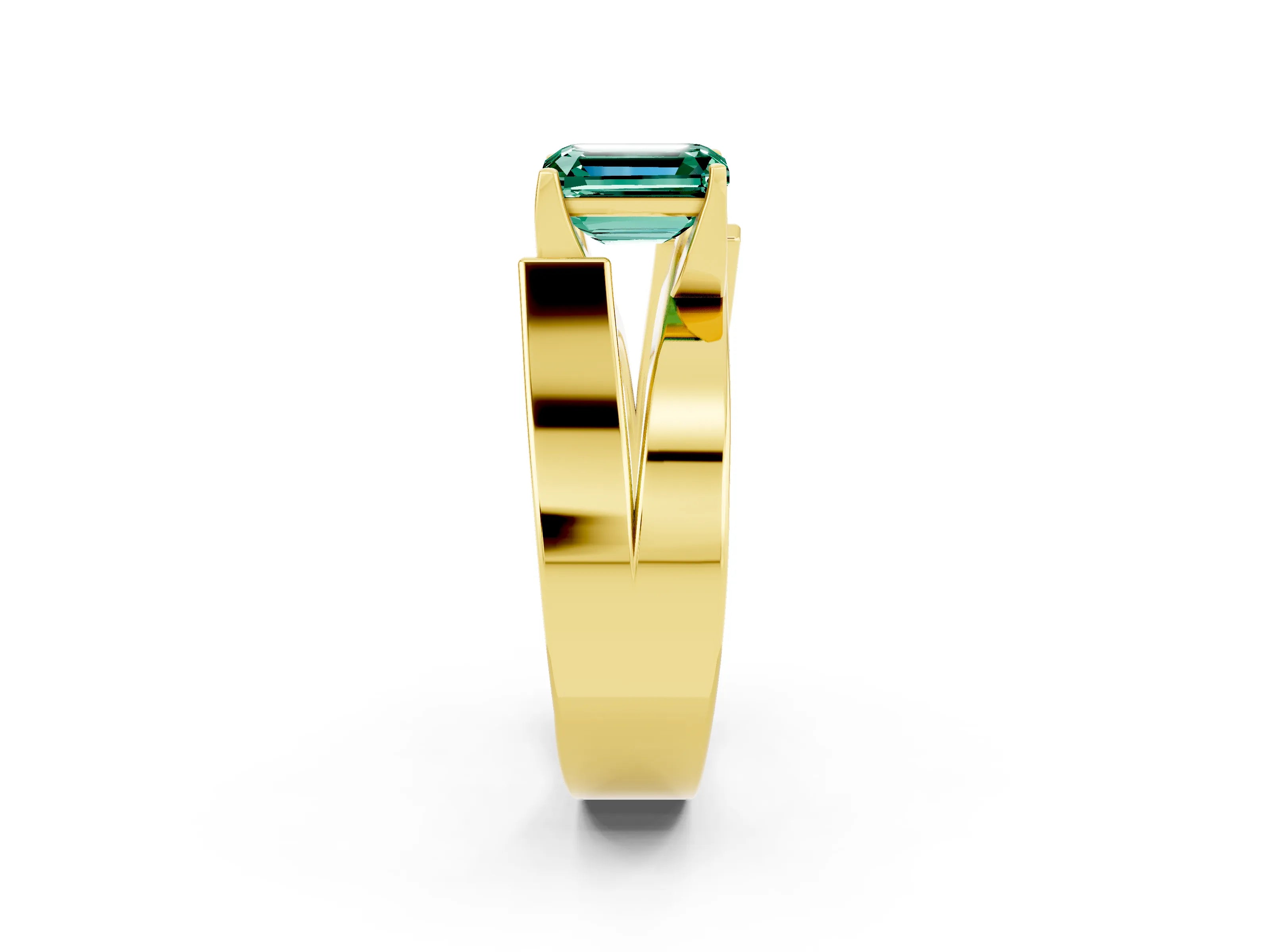 Yellow gold Modern Tension Set Emerald Cut Green Sapphire Solitaire Wide Band Ring_2