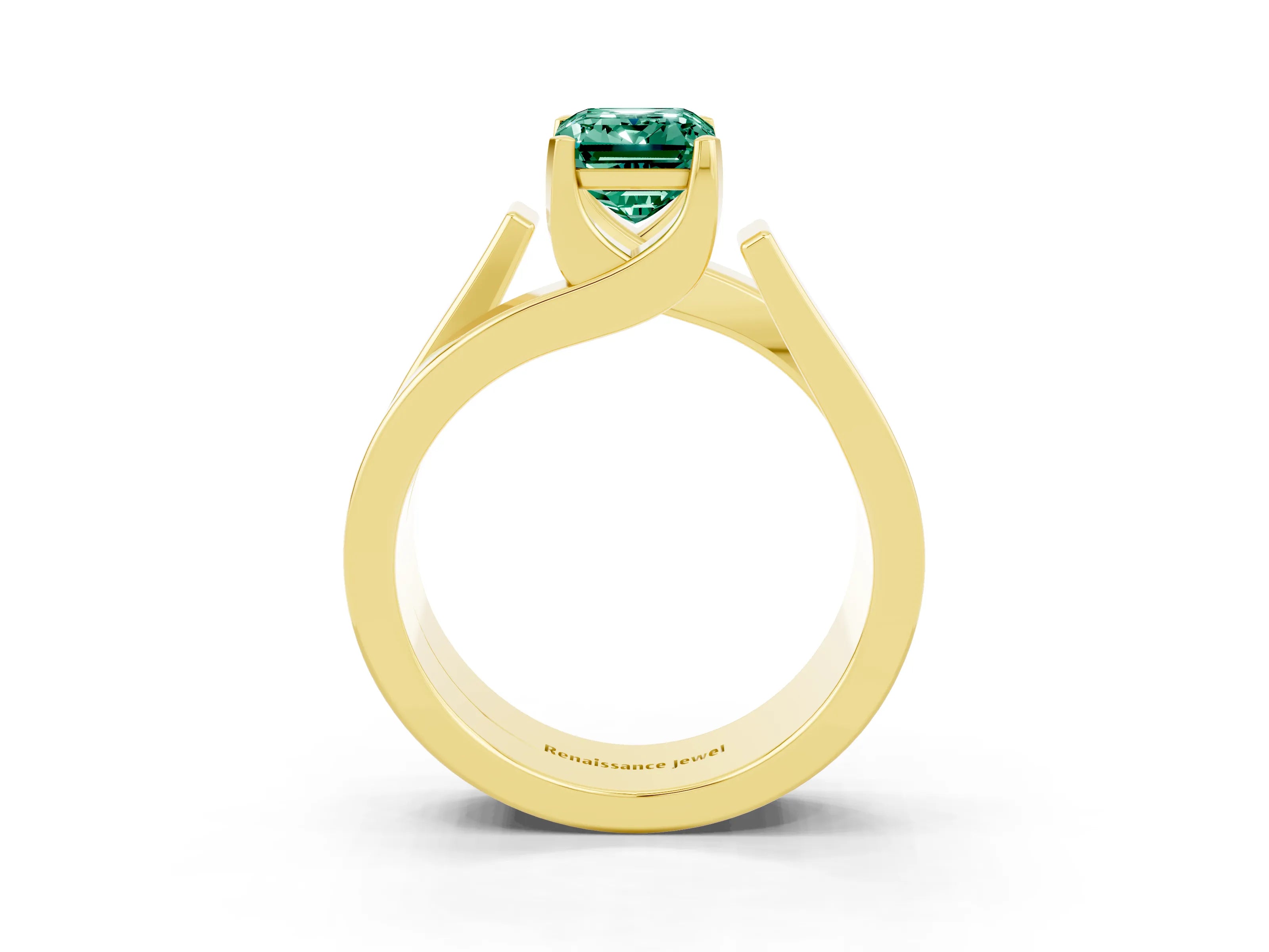 Yellow gold Modern Tension Set Emerald Cut Green Sapphire Solitaire Wide Band Ring_3