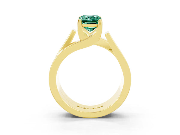Yellow gold Modern Tension Set Emerald Cut Green Sapphire Solitaire Wide Band Ring