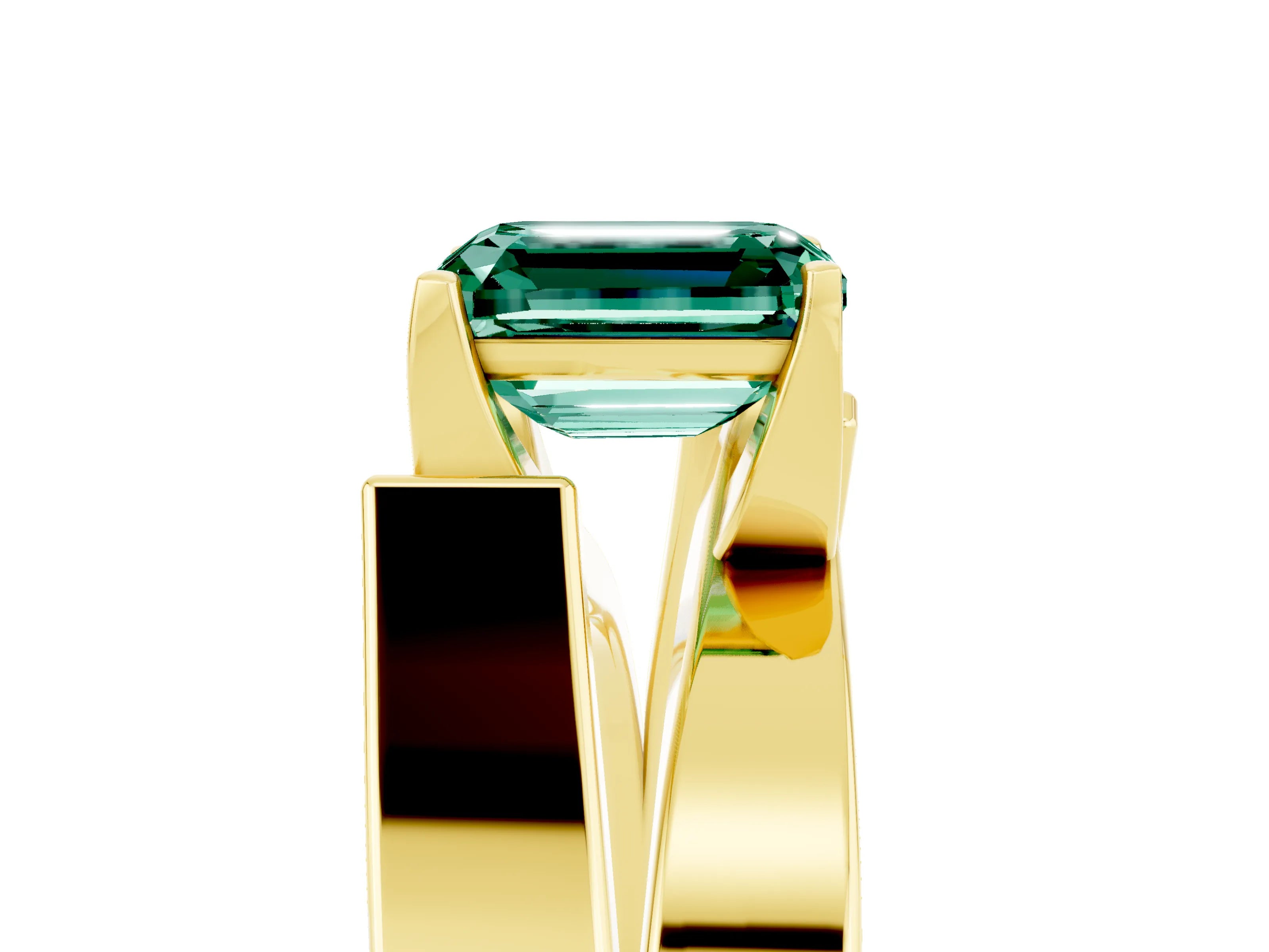Yellow gold Modern Tension Set Emerald Cut Green Sapphire Solitaire Wide Band Ring_5