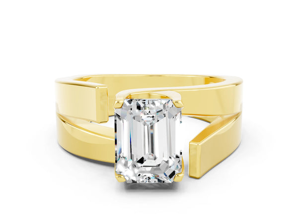 Yellow gold Modern Tension Set Emerald Cut Moissanite Solitaire Wide Band Ring