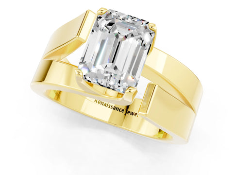 Yellow gold Modern Tension Set Emerald Cut Moissanite Solitaire Wide Band Ring_1