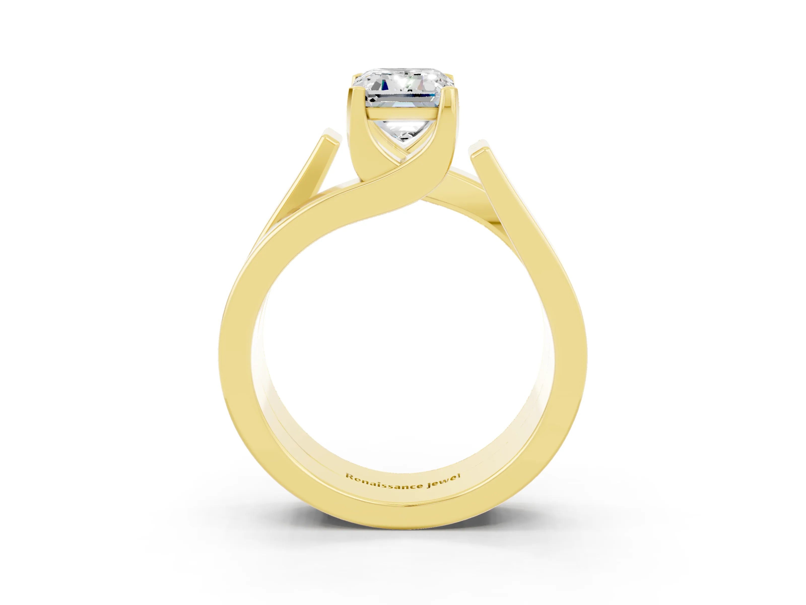 Yellow gold Modern Tension Set Emerald Cut Moissanite Solitaire Wide Band Ring_3
