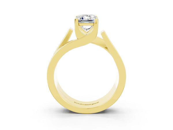 Yellow gold Modern Tension Set Emerald Cut Moissanite Solitaire Wide Band Ring