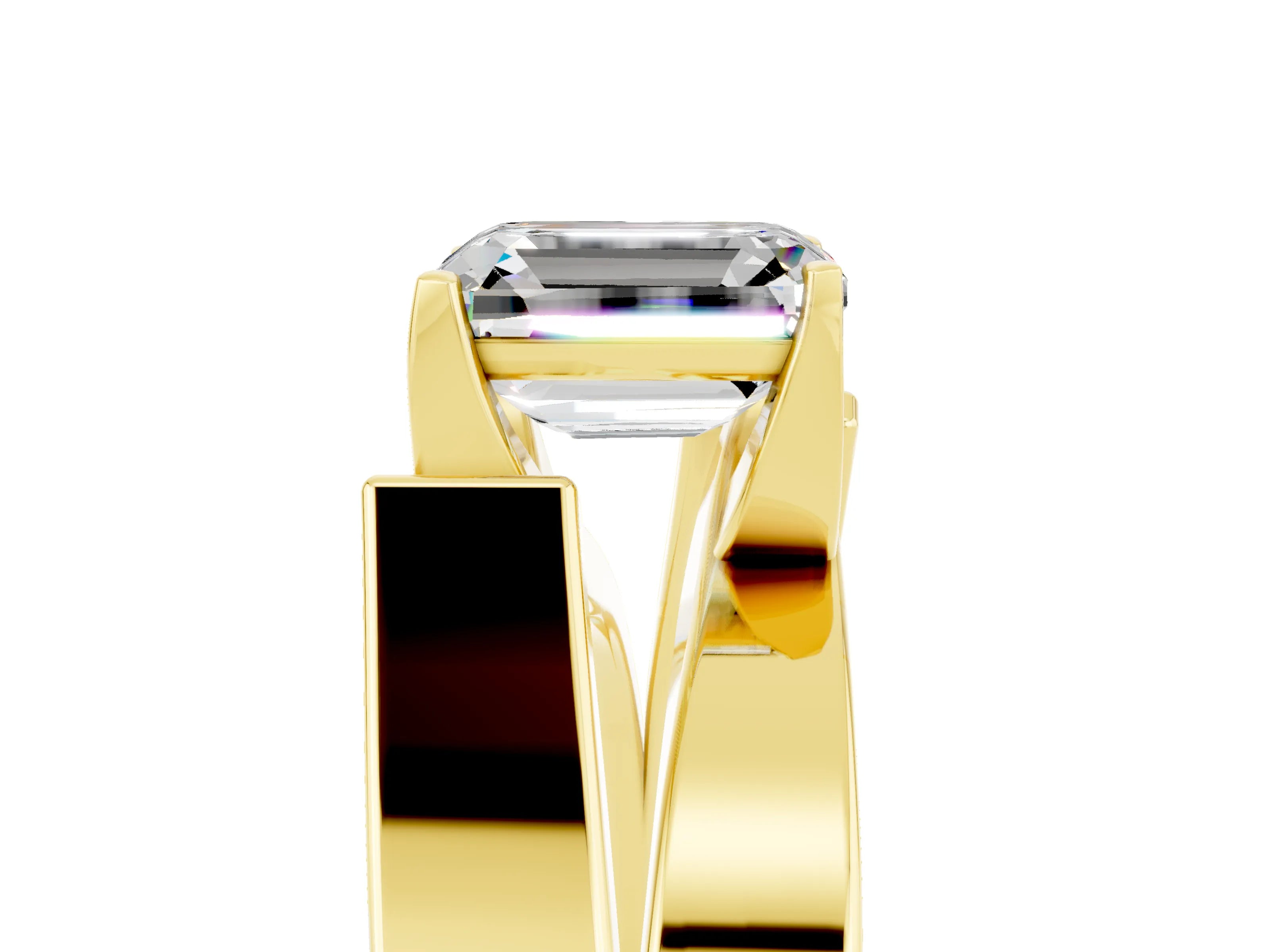 Yellow gold Modern Tension Set Emerald Cut Moissanite Solitaire Wide Band Ring_5