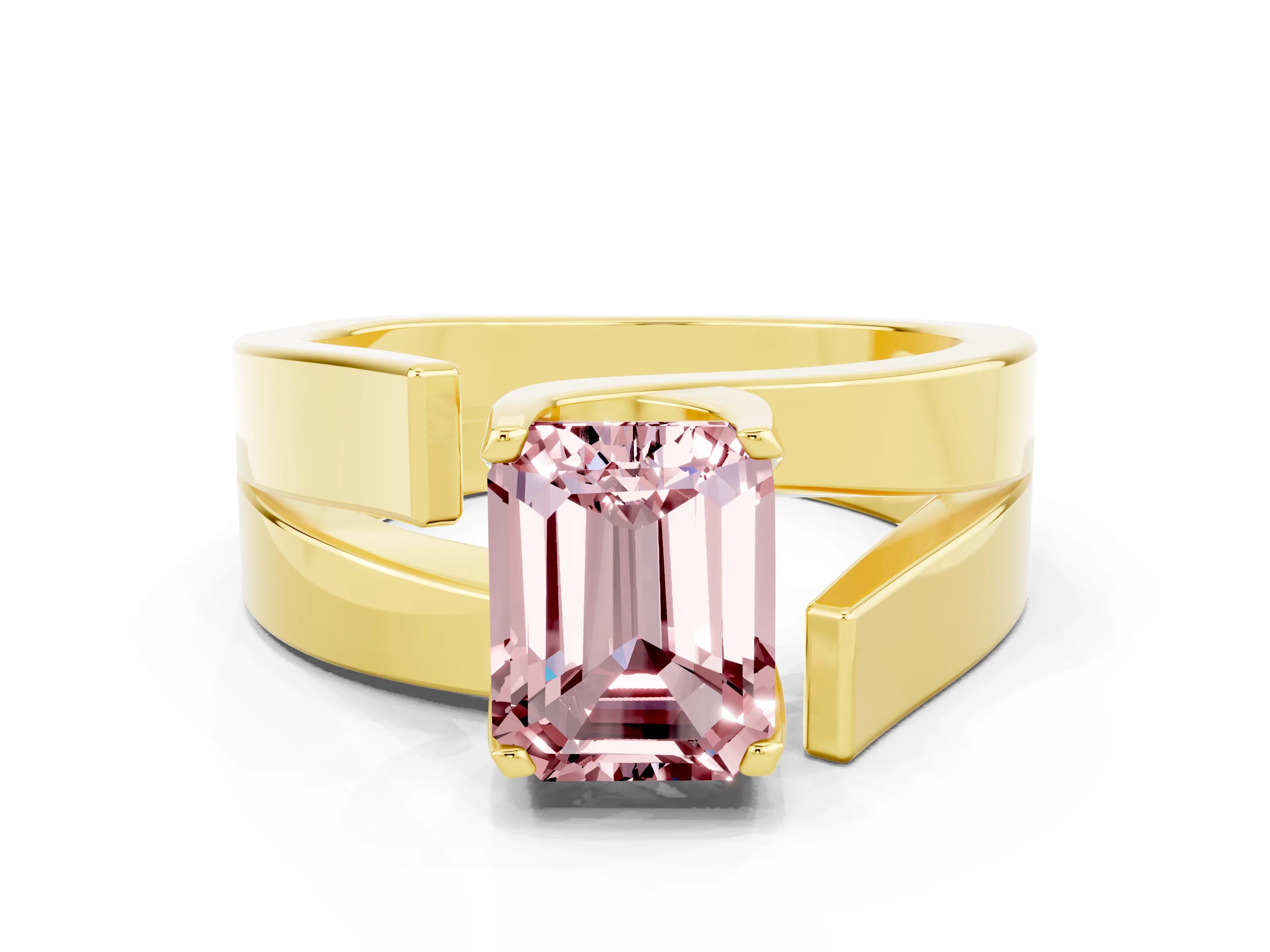 Yellow gold Modern Tension Set Emerald Cut Morganite Solitaire Wide Band Ring