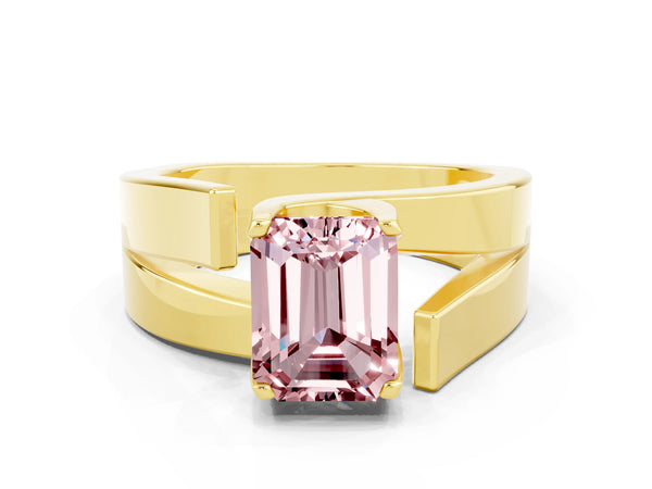 Yellow gold Modern Tension Set Emerald Cut Morganite Solitaire Wide Band Ring