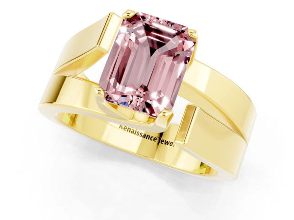 Yellow gold Modern Tension Set Emerald Cut Morganite Solitaire Wide Band Ring