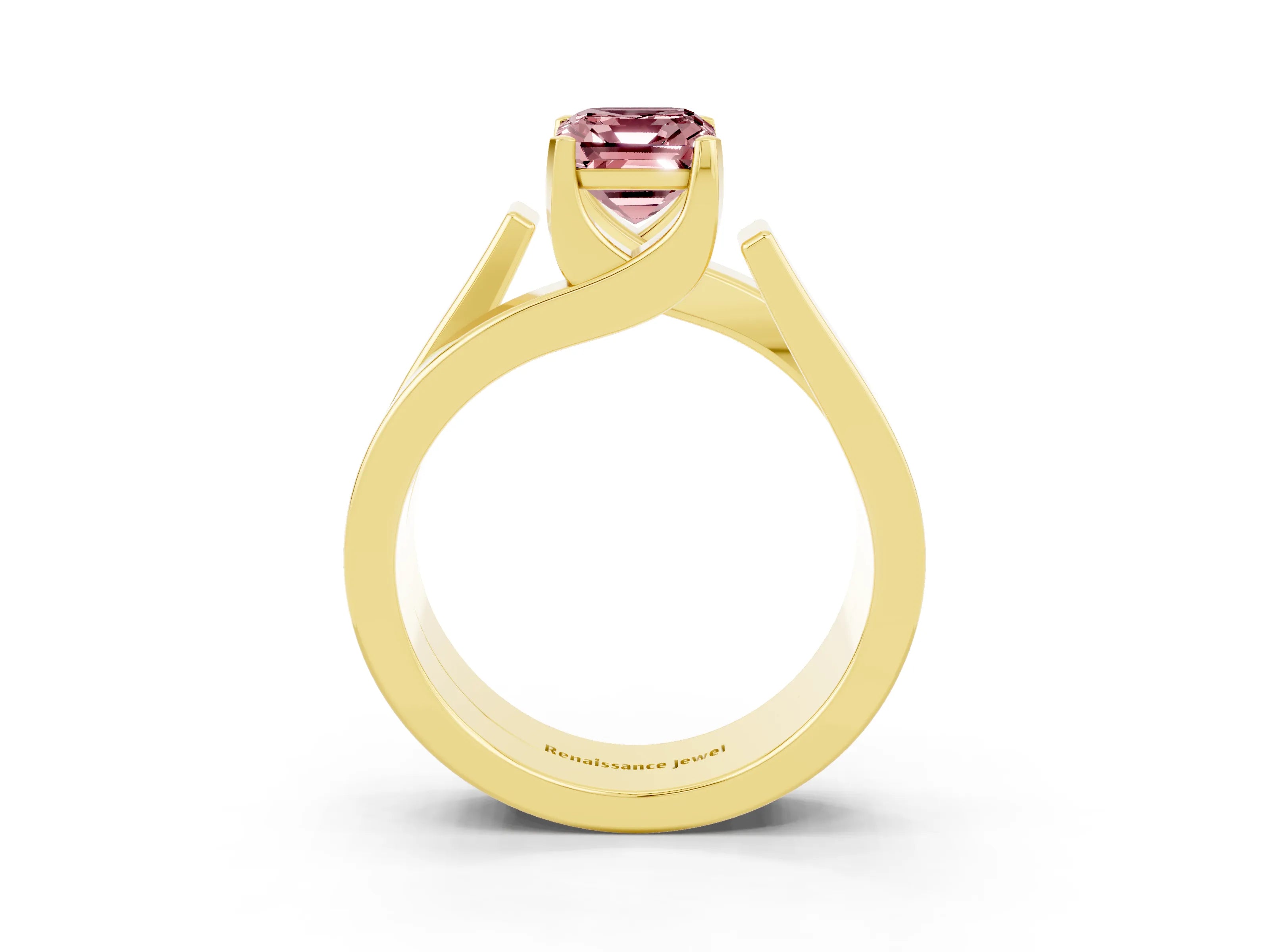 Yellow gold Modern Tension Set Emerald Cut Morganite Solitaire Wide Band Ring_3
