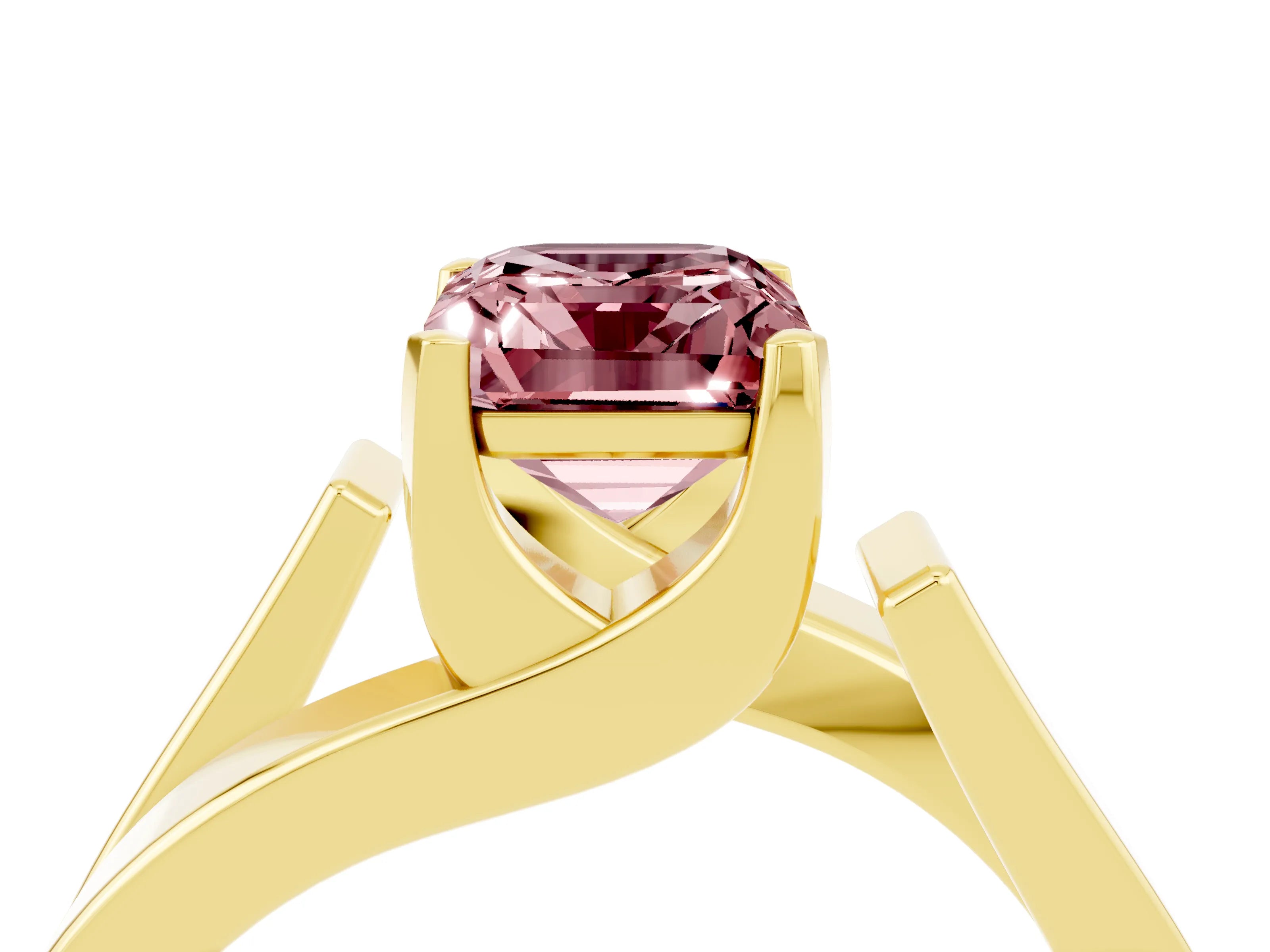 Yellow gold Modern Tension Set Emerald Cut Morganite Solitaire Wide Band Ring_4