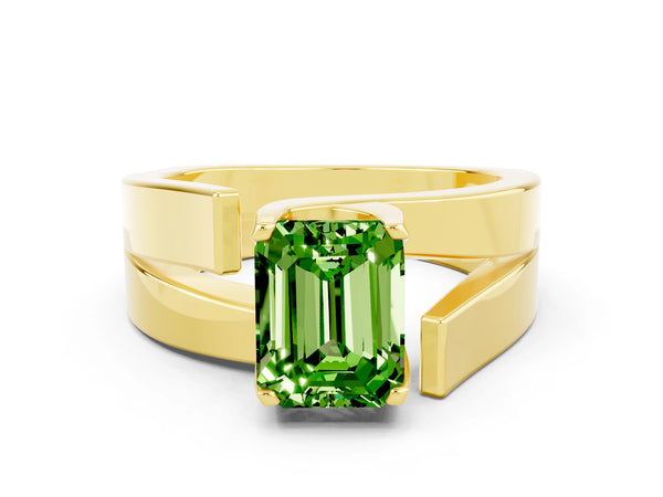 Yellow gold Modern Tension Set Emerald Cut Peridot Solitaire Wide Band Ring