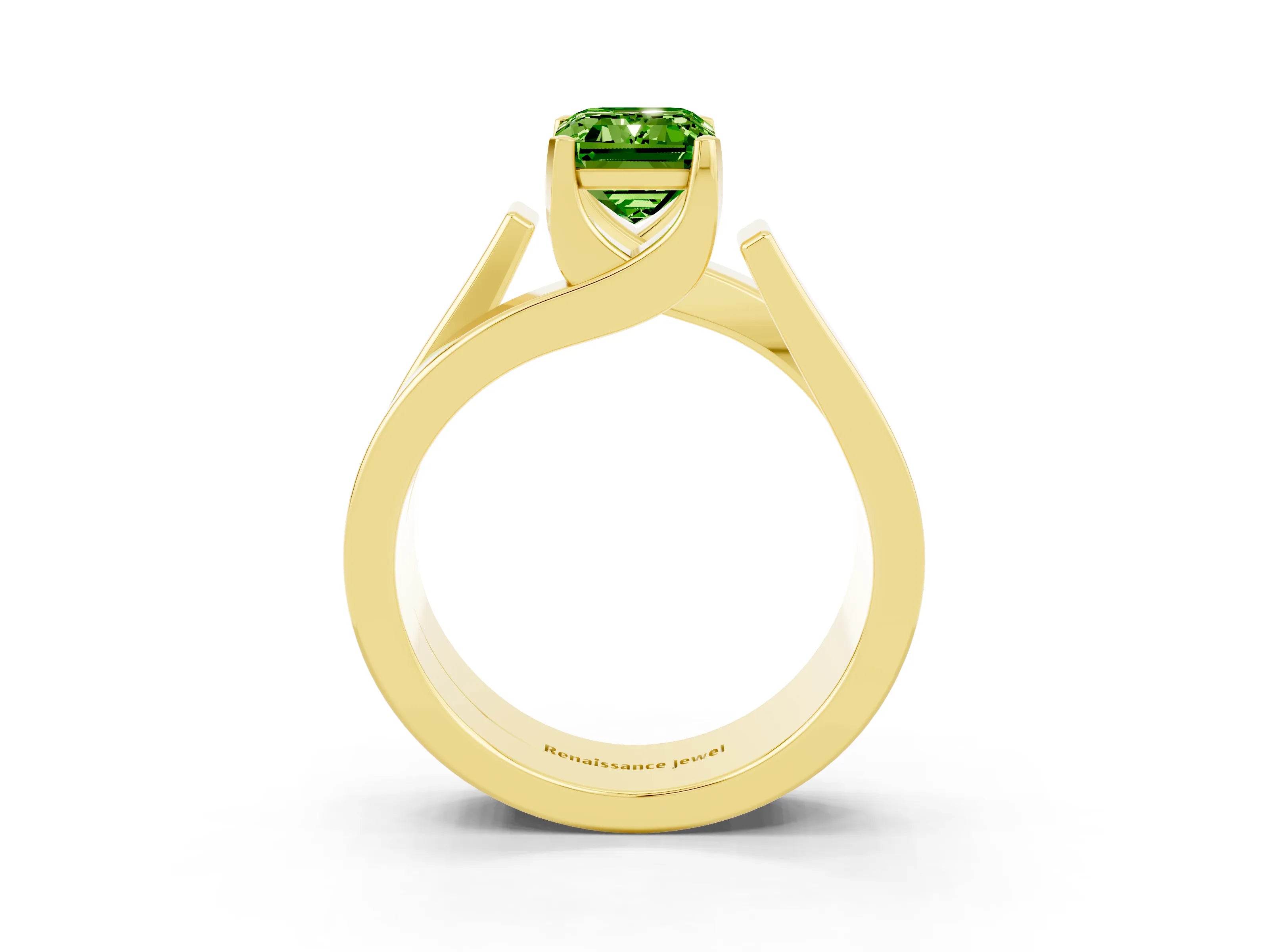 Yellow gold Modern Tension Set Emerald Cut Peridot Solitaire Wide Band Ring_3