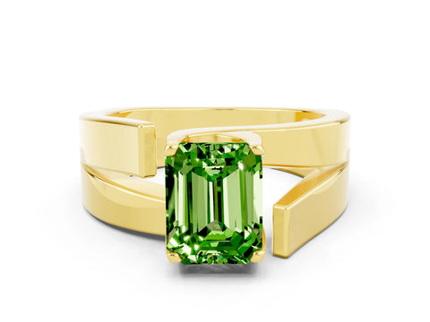 Yellow gold Modern Tension Set Emerald Cut Peridot Solitaire Wide Band Ring