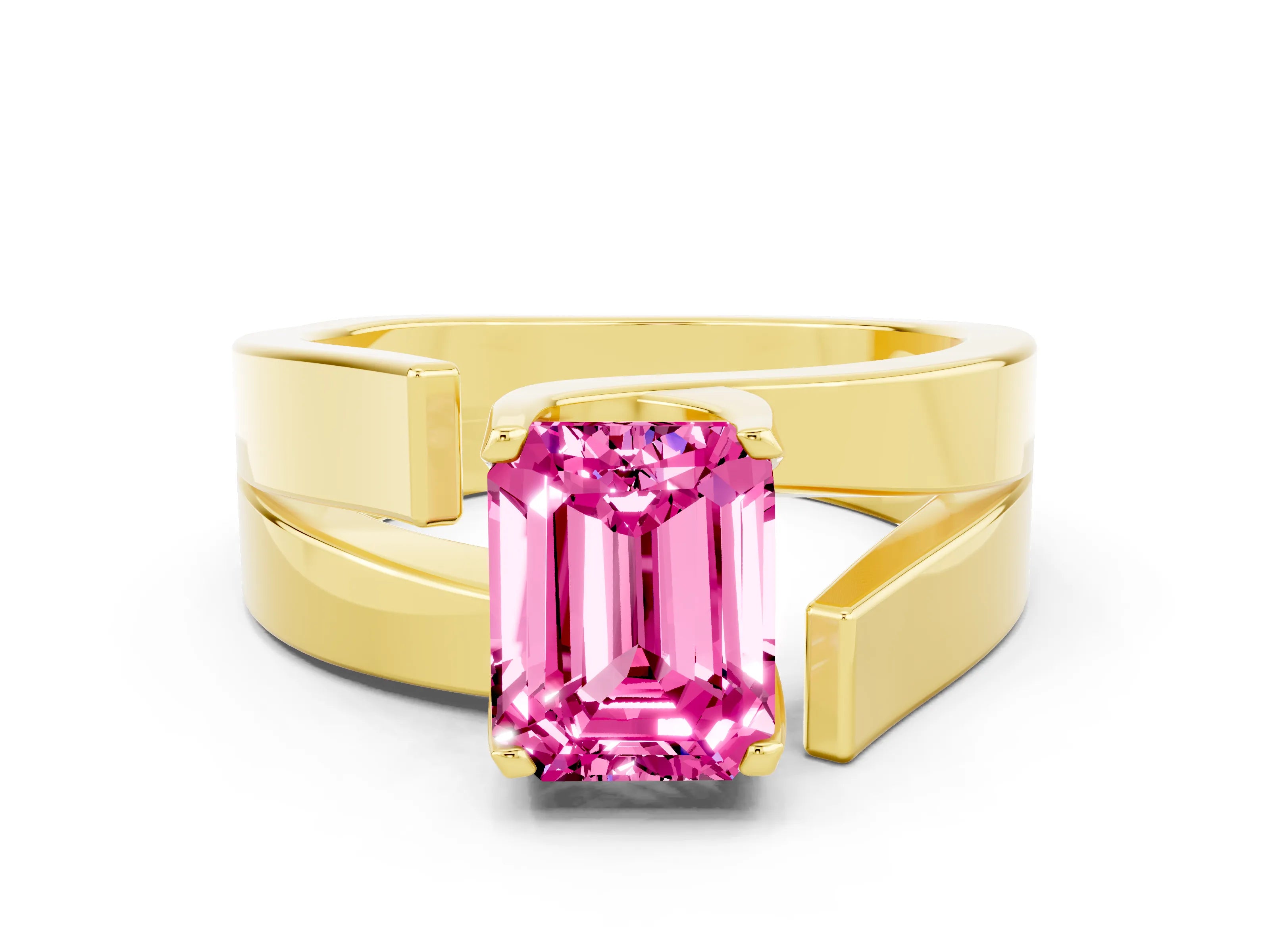 Yellow gold Modern Tension Set Emerald Cut Pink Sapphire Solitaire Wide Band Ring_12
