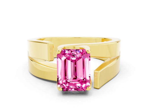 Yellow gold Modern Tension Set Emerald Cut Pink Sapphire Solitaire Wide Band Ring
