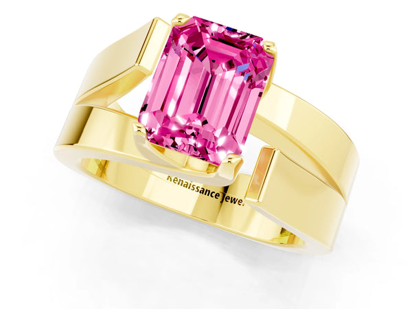 Yellow gold Modern Tension Set Emerald Cut Pink Sapphire Solitaire Wide Band Ring