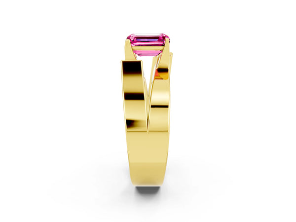 Yellow gold Modern Tension Set Emerald Cut Pink Sapphire Solitaire Wide Band Ring