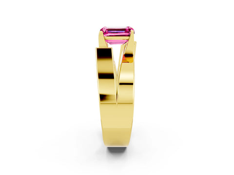 Yellow gold Modern Tension Set Emerald Cut Pink Sapphire Solitaire Wide Band Ring_14