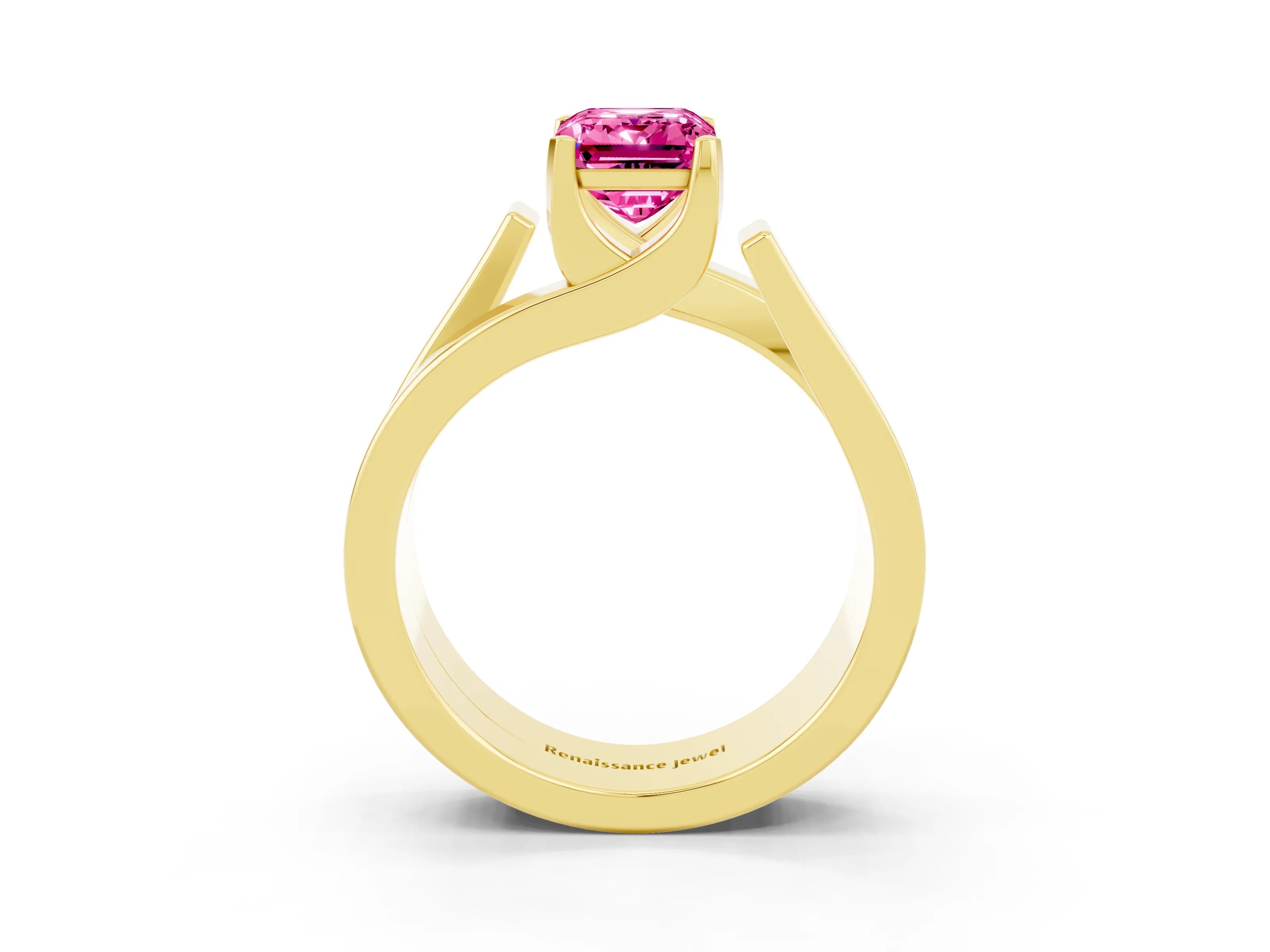 Yellow gold Modern Tension Set Emerald Cut Pink Sapphire Solitaire Wide Band Ring_15