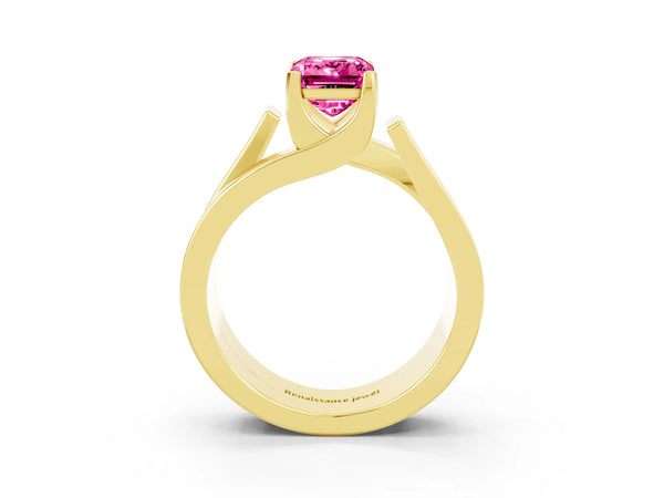 Yellow gold Modern Tension Set Emerald Cut Pink Sapphire Solitaire Wide Band Ring