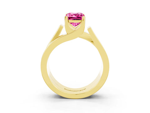 Yellow gold Modern Tension Set Emerald Cut Pink Sapphire Solitaire Wide Band Ring_15