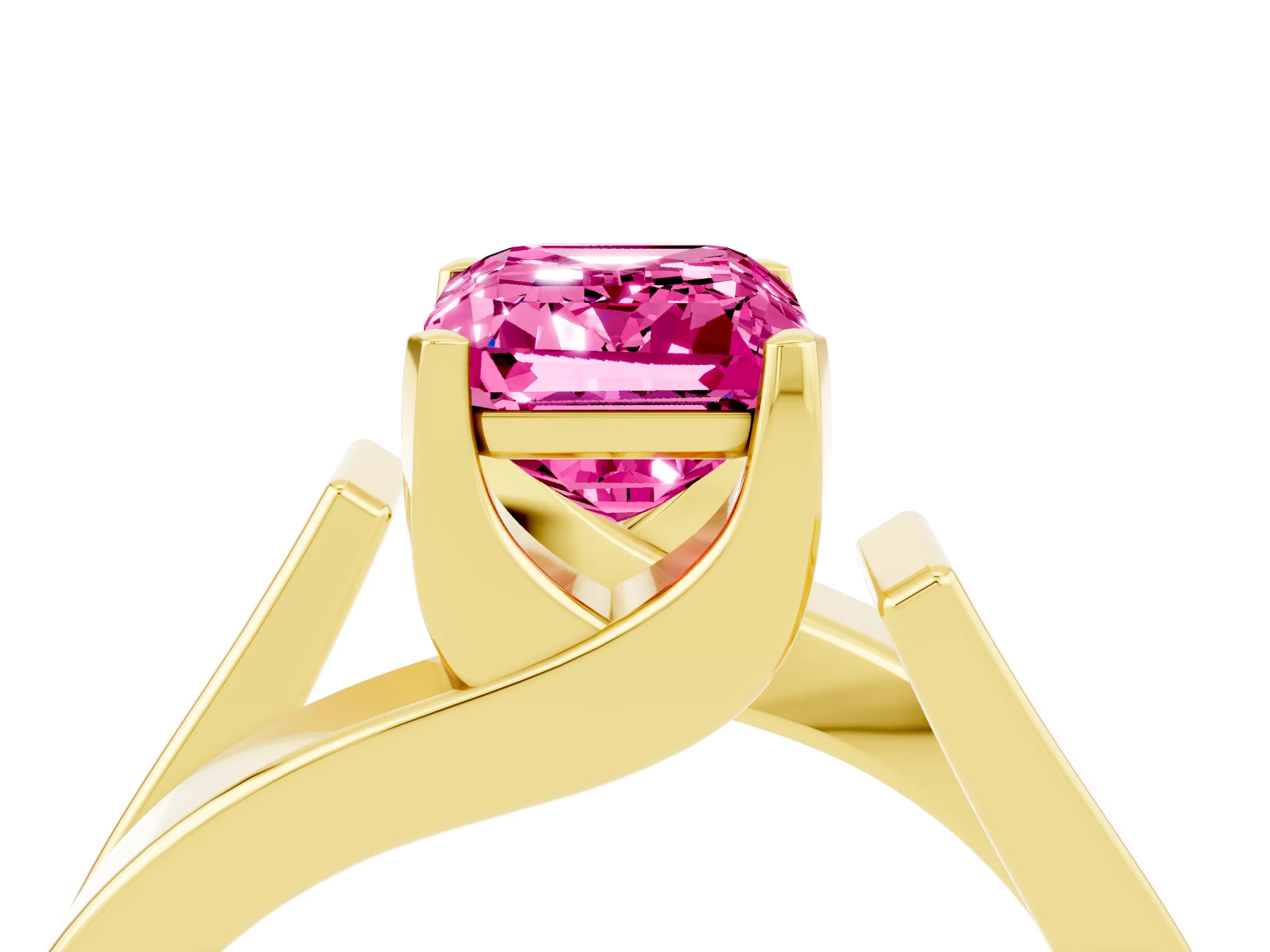 Yellow gold Modern Tension Set Emerald Cut Pink Sapphire Solitaire Wide Band Ring_16