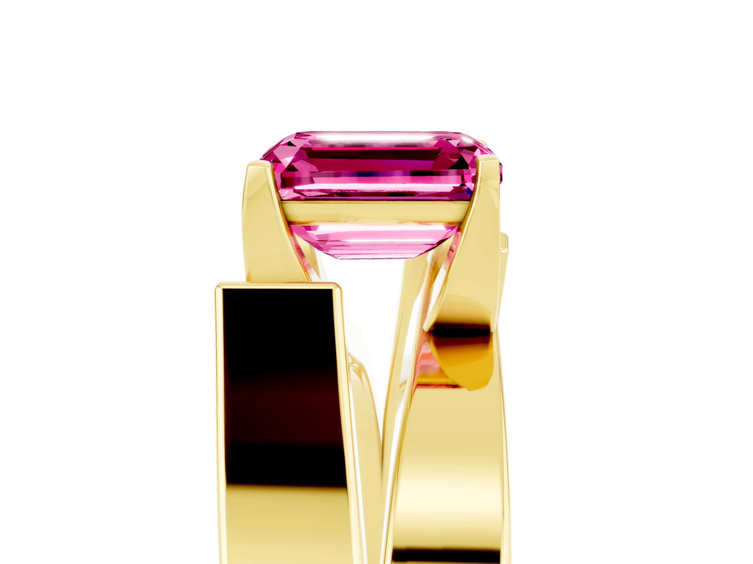 Yellow gold Modern Tension Set Emerald Cut Pink Sapphire Solitaire Wide Band Ring_17